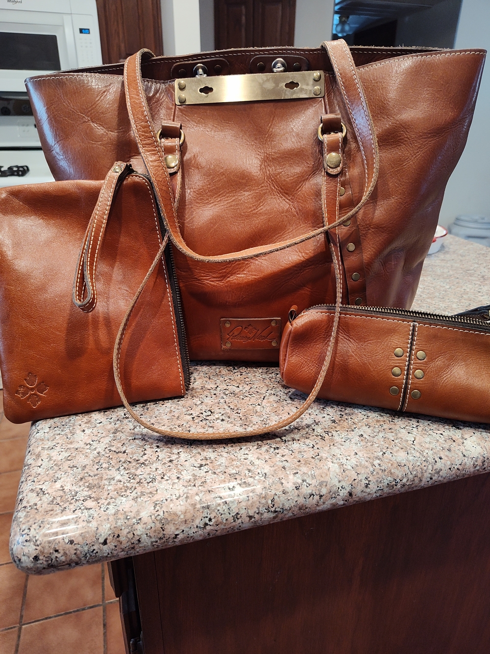 Brown Leather Tote Bag Patrica Nash with Matching Pouch and Wristlet